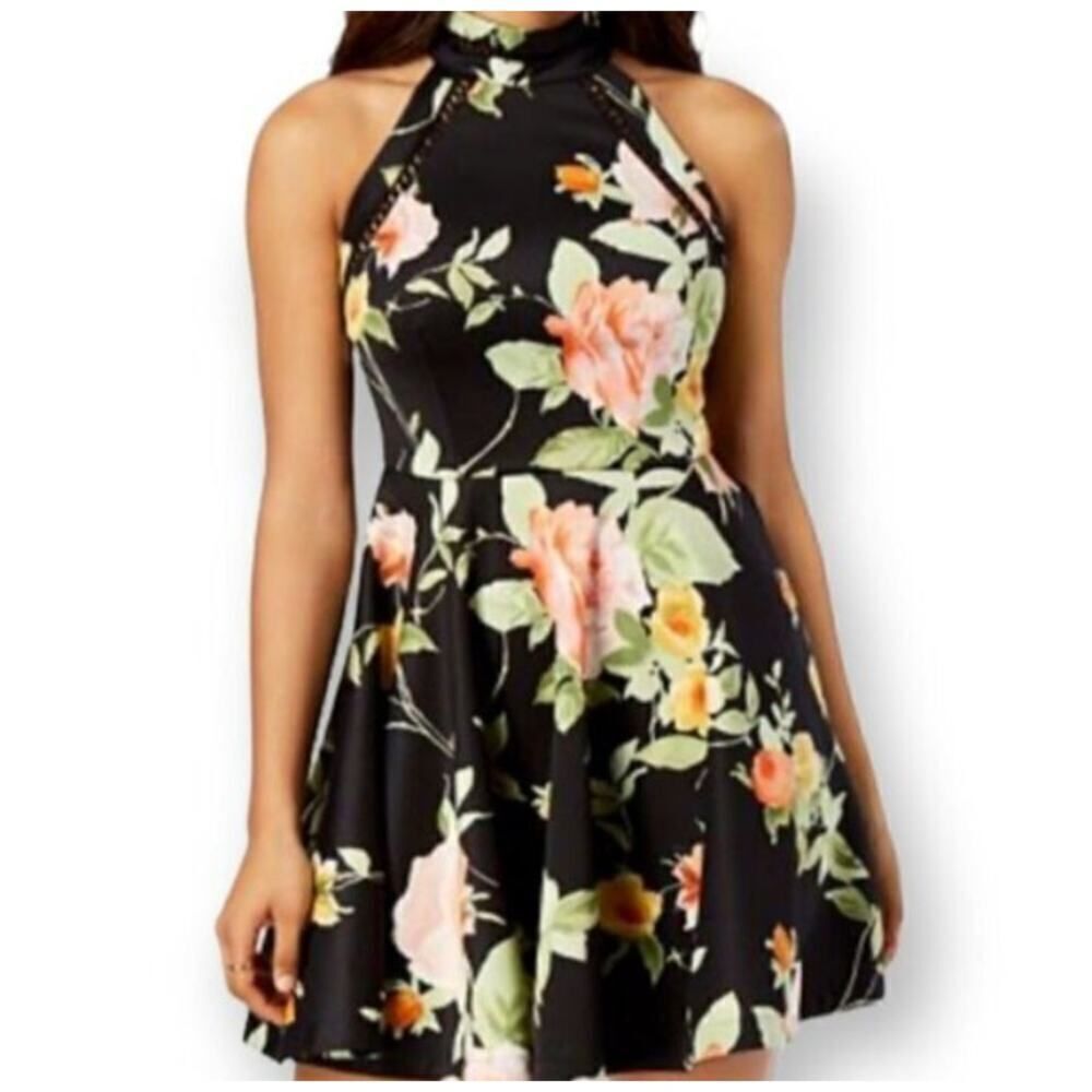 B. DARLIN BLACK & PEACH FLORAL HIGH NECK FIT & FLAIR DRESS SZ.1/2 EUC.